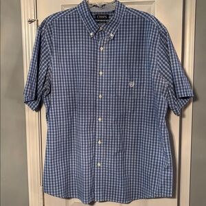 Chaps Easy Care Short Sleeve Button Down Light Blue & White Plaid Shirt